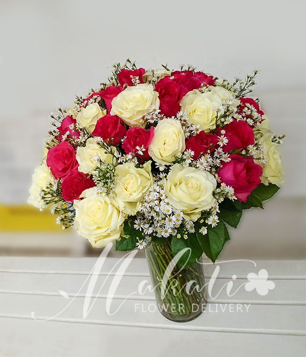 2 Dozen Red and 2 Dozen White Roses in a Vase